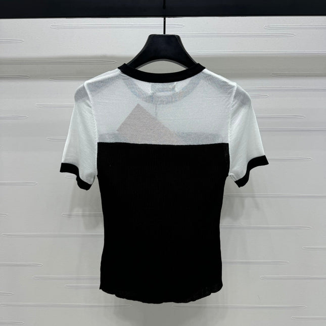 MIUMIU CREW NECK SHORT-SLEEVE SHEER KNIT TOP 274813