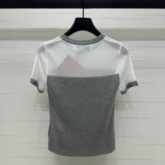 MIUMIU CREW NECK SHORT-SLEEVE SHEER KNIT TOP 274812
