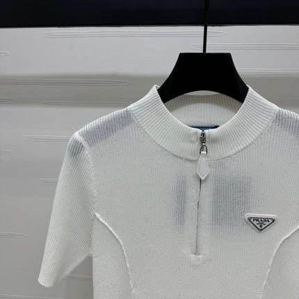 PRADA MOCK NECK SHORT-SLEEVE KNIT TOP WHITE 274815