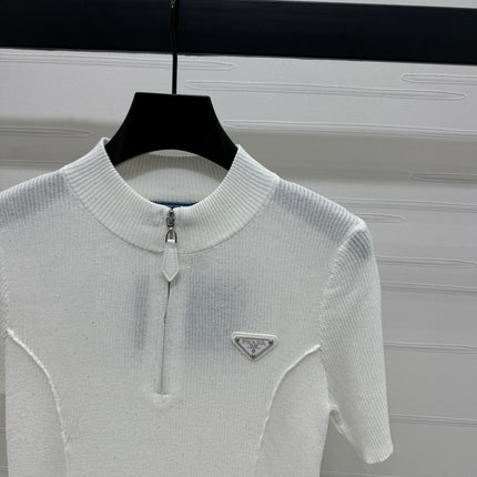 PRADA MOCK NECK SHORT-SLEEVE KNIT TOP WHITE 274815