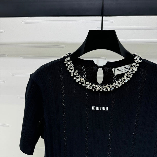 MIU 25S RHINESTONE COLLAR T-SHIRT 264097