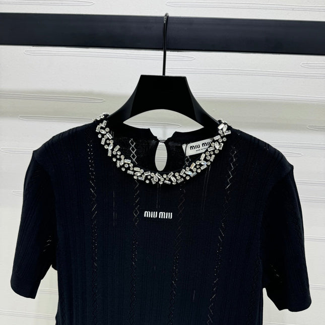 MIU 25S RHINESTONE COLLAR T-SHIRT 264097