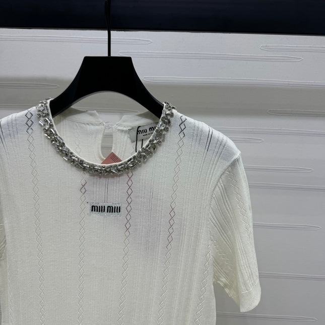 MIU 25S RHINESTONE COLLAR T-SHIRT 264095