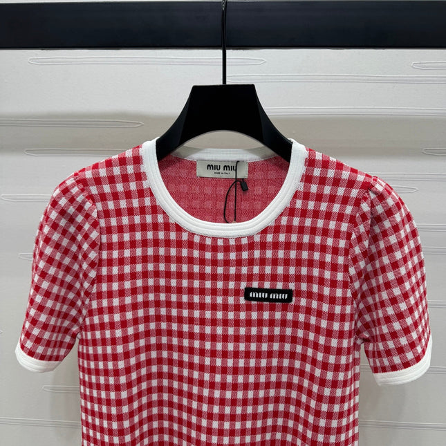 MIUMIU CREW NECK SHORT-SLEEVE PLAID KNIT TOP 274834