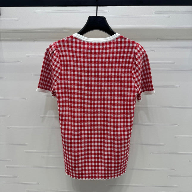 MIUMIU CREW NECK SHORT-SLEEVE PLAID KNIT TOP 274834