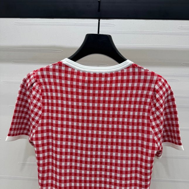 MIUMIU CREW NECK SHORT-SLEEVE PLAID KNIT TOP 274834