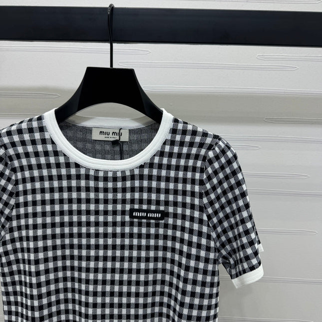 MIUMIU CREW NECK SHORT-SLEEVE PLAID KNIT TOP 274833