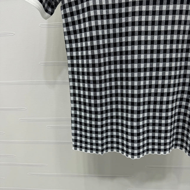 MIUMIU CREW NECK SHORT-SLEEVE PLAID KNIT TOP 274833