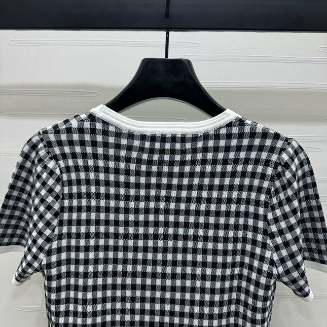 MIUMIU CREW NECK SHORT-SLEEVE PLAID KNIT TOP 274833