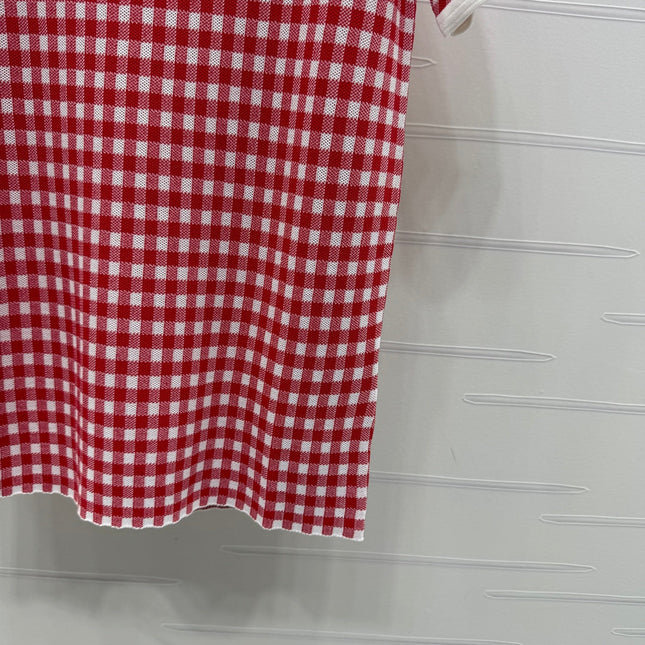 MIUMIU CREW NECK SHORT-SLEEVE PLAID KNIT TOP 274834