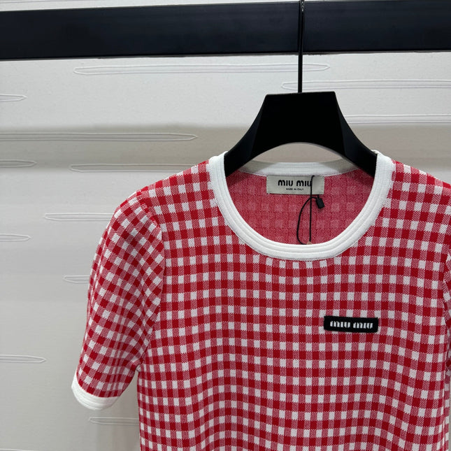 MIUMIU CREW NECK SHORT-SLEEVE PLAID KNIT TOP 274834
