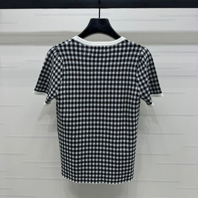 MIUMIU CREW NECK SHORT-SLEEVE PLAID KNIT TOP 274833