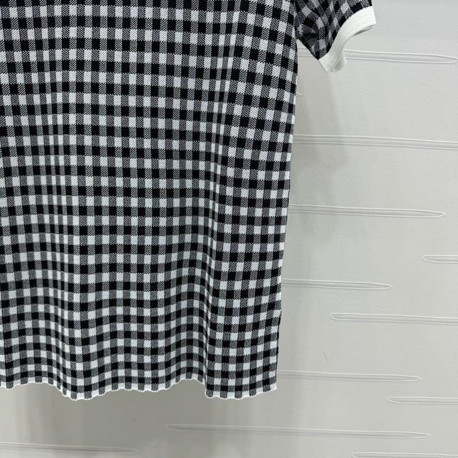 MIUMIU CREW NECK SHORT-SLEEVE PLAID KNIT TOP 274833