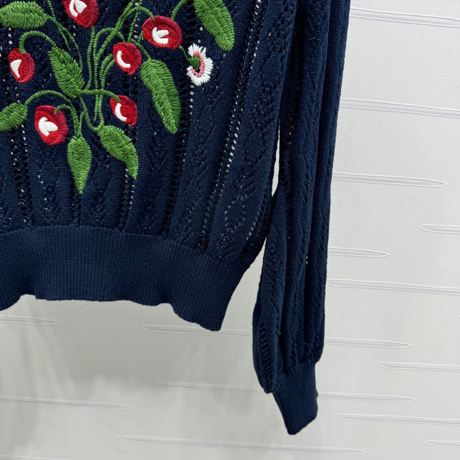 VALENTINO CREW NECK LONG-SLEEVE EMBROIDERED KNIT TOP 274958