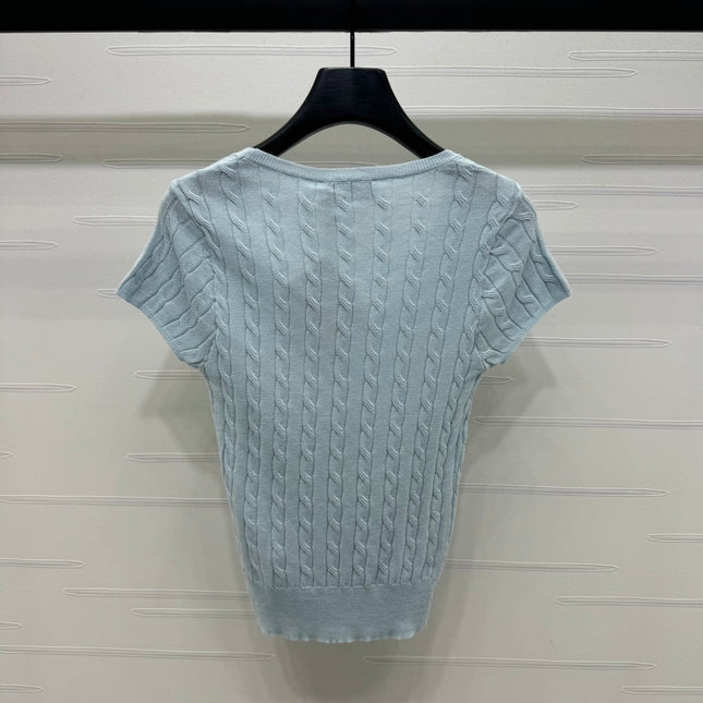 MIUMIU U-NECK KNITTED SHORT-SLEEVE TOP LIGHT BLUE 274948