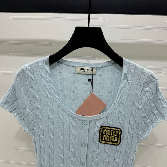 MIUMIU U-NECK KNITTED SHORT-SLEEVE TOP LIGHT BLUE 274948