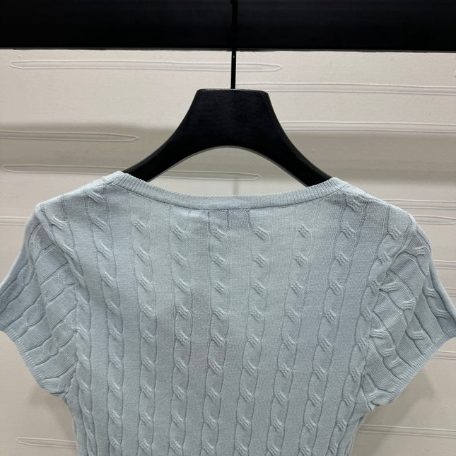 MIUMIU U-NECK KNITTED SHORT-SLEEVE TOP LIGHT BLUE 274948