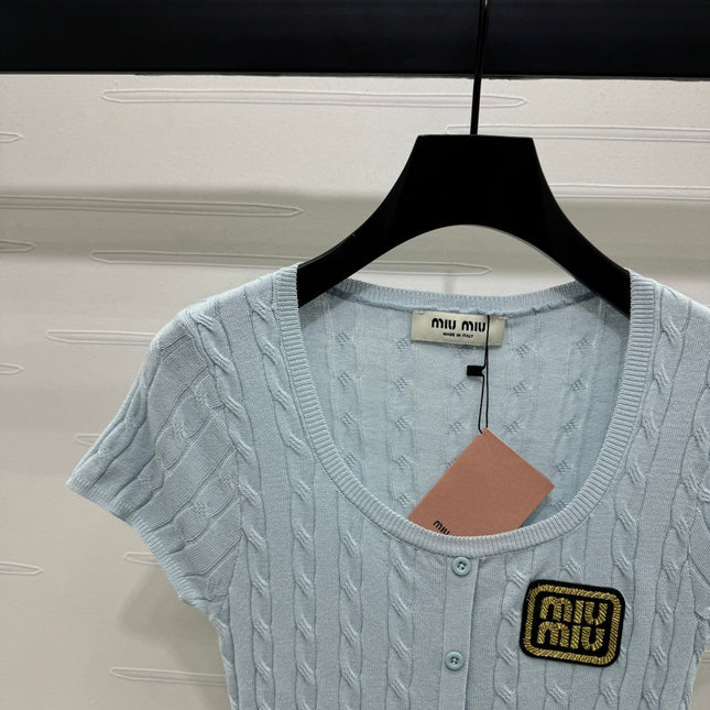 MIUMIU U-NECK KNITTED SHORT-SLEEVE TOP LIGHT BLUE 274948