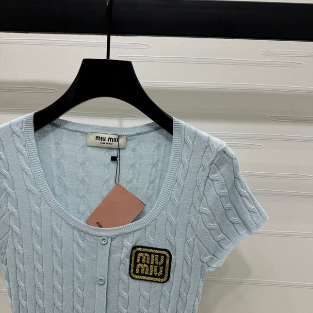 MIUMIU U-NECK KNITTED SHORT-SLEEVE TOP LIGHT BLUE 274948