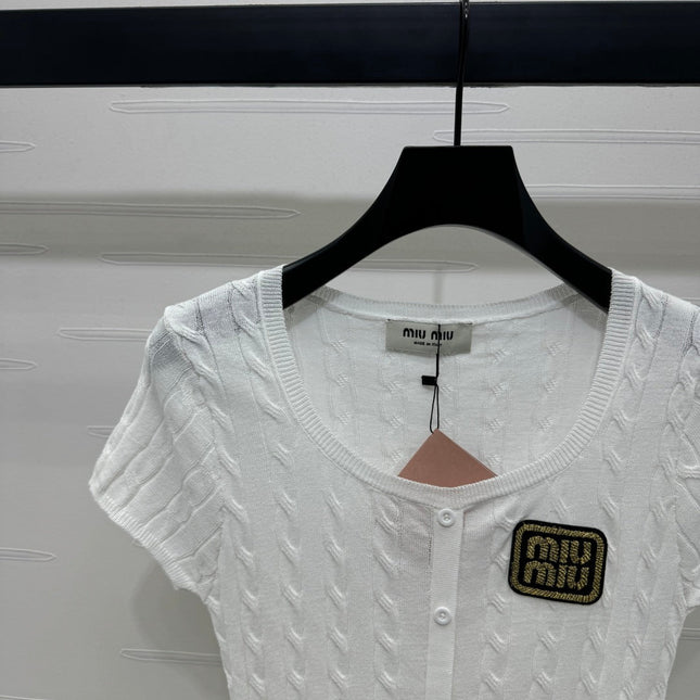 MIUMIU U-NECK KNITTED SHORT-SLEEVE TOP WHITE 274946