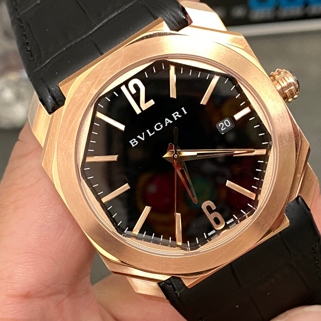 OCTO 41 ROSE GOLD CASE BLACK CROCODILE LEATHER STRAP