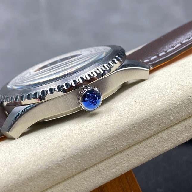AVIATOR 8 AUTOMATIC STEEL CASE SILVER MIX BLACK BLUE DIAL BROWN CALFSKIN STRAP