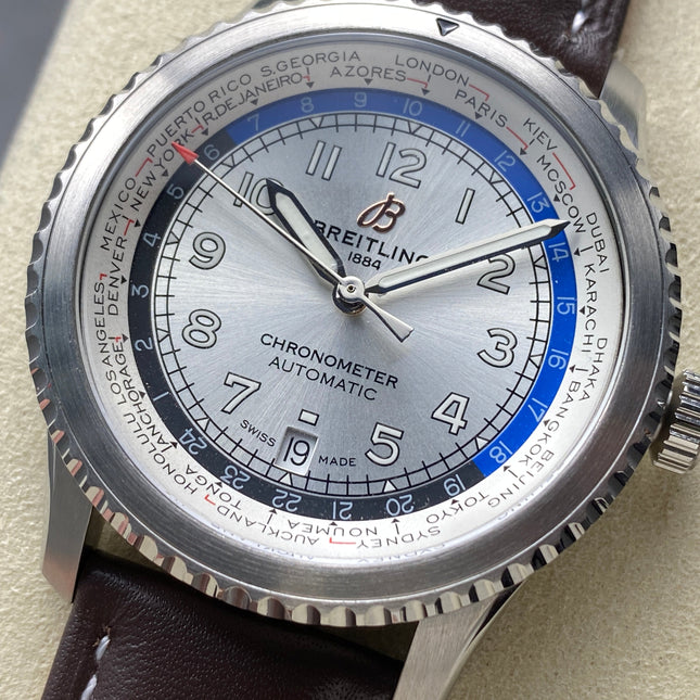 AVIATOR 8 AUTOMATIC STEEL CASE SILVER MIX BLACK BLUE DIAL BROWN CALFSKIN STRAP