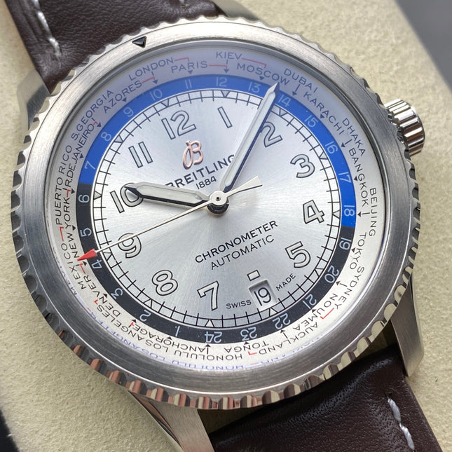 AVIATOR 8 AUTOMATIC STEEL CASE SILVER MIX BLACK BLUE DIAL BROWN CALFSKIN STRAP