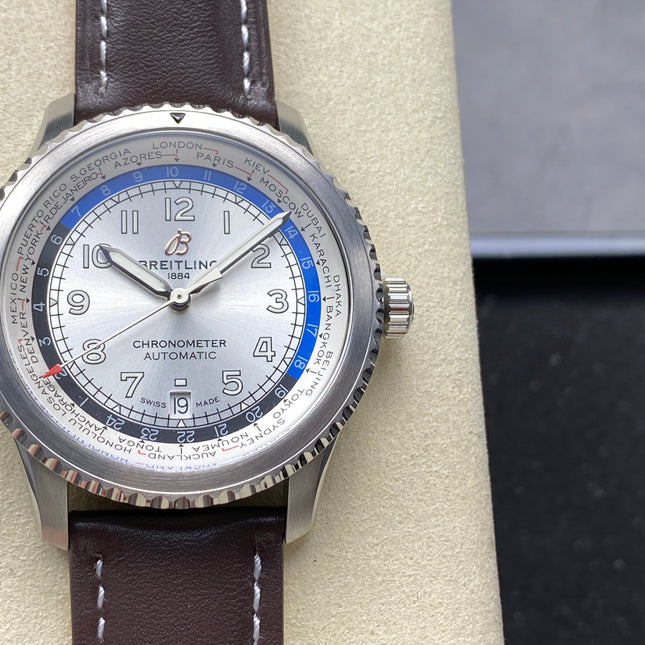 AVIATOR 8 AUTOMATIC STEEL CASE SILVER MIX BLACK BLUE DIAL BROWN CALFSKIN STRAP