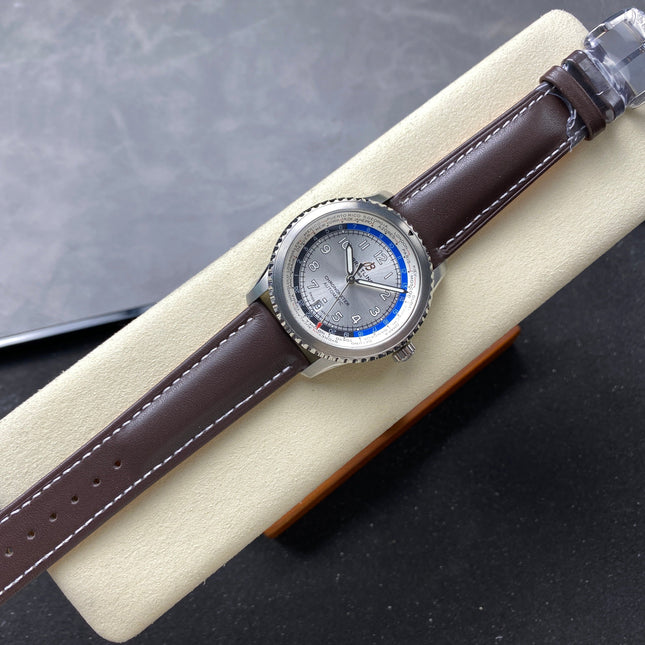 AVIATOR 8 AUTOMATIC STEEL CASE SILVER MIX BLACK BLUE DIAL BROWN CALFSKIN STRAP