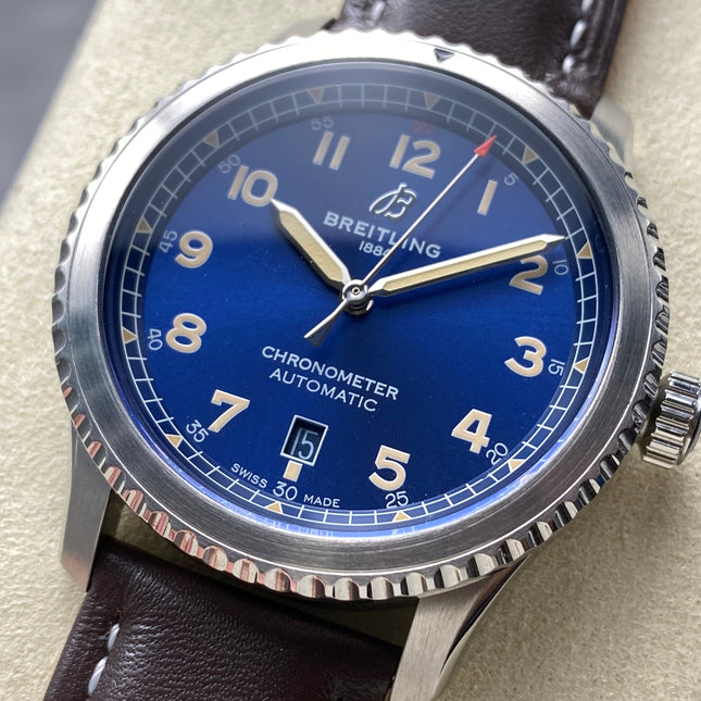 AVIATOR 8 AUTOMATIC STEEL CASE BLUE DIAL BROWN CALFSKIN STRAP