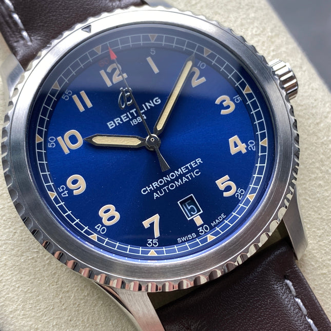 AVIATOR 8 AUTOMATIC STEEL CASE BLUE DIAL BROWN CALFSKIN STRAP