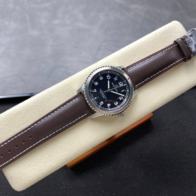 AVIATOR 8 AUTOMATIC STEEL CASE BLACK DIAL BROWN CALFSKIN STRAP