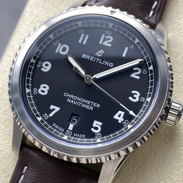 AVIATOR 8 AUTOMATIC STEEL CASE BLACK DIAL BROWN CALFSKIN STRAP