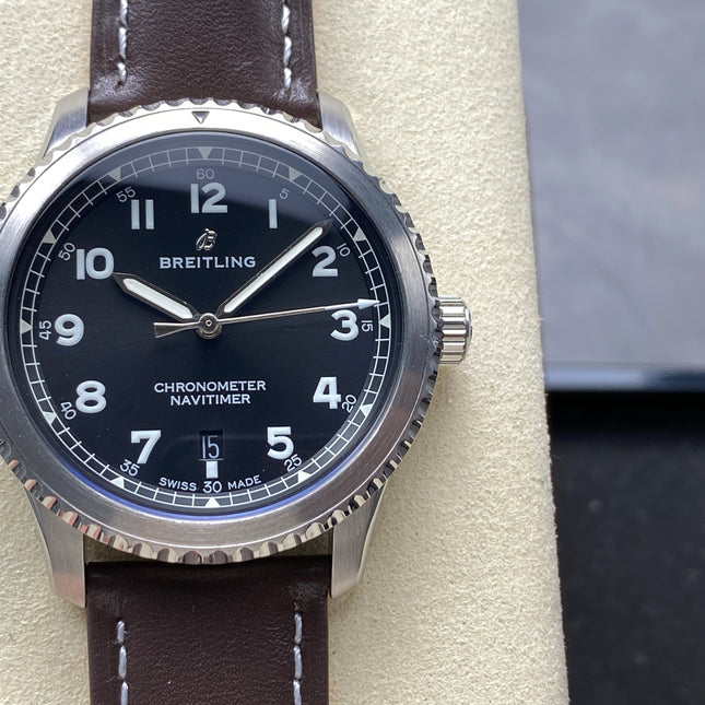 AVIATOR 8 AUTOMATIC STEEL CASE BLACK DIAL BROWN CALFSKIN STRAP