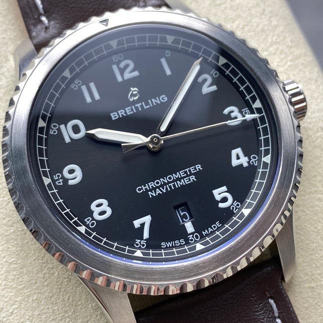 AVIATOR 8 AUTOMATIC STEEL CASE BLACK DIAL BROWN CALFSKIN STRAP