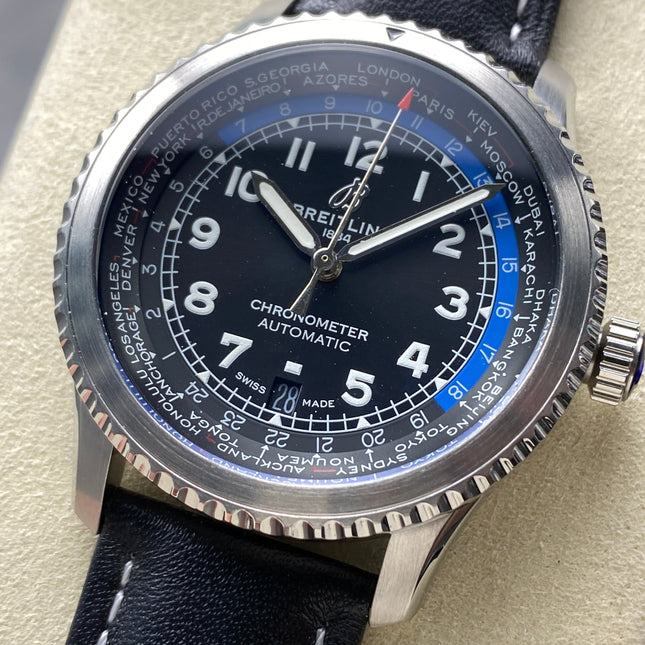 AVIATOR 8 AUTOMATIC STEEL CASE BLACK MIX BLUE DIAL BLACK CALFSKIN STRAP