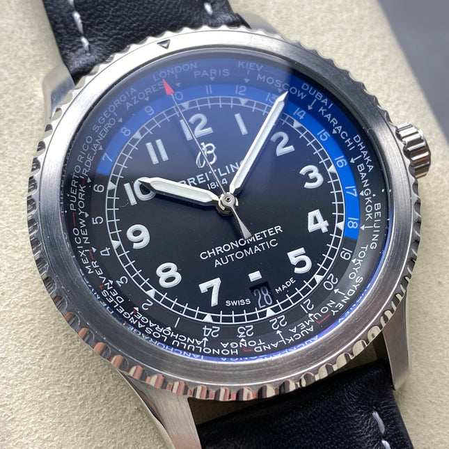 AVIATOR 8 AUTOMATIC STEEL CASE BLACK MIX BLUE DIAL BLACK CALFSKIN STRAP