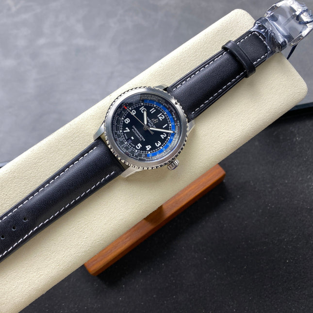 AVIATOR 8 AUTOMATIC STEEL CASE BLACK MIX BLUE DIAL BLACK CALFSKIN STRAP