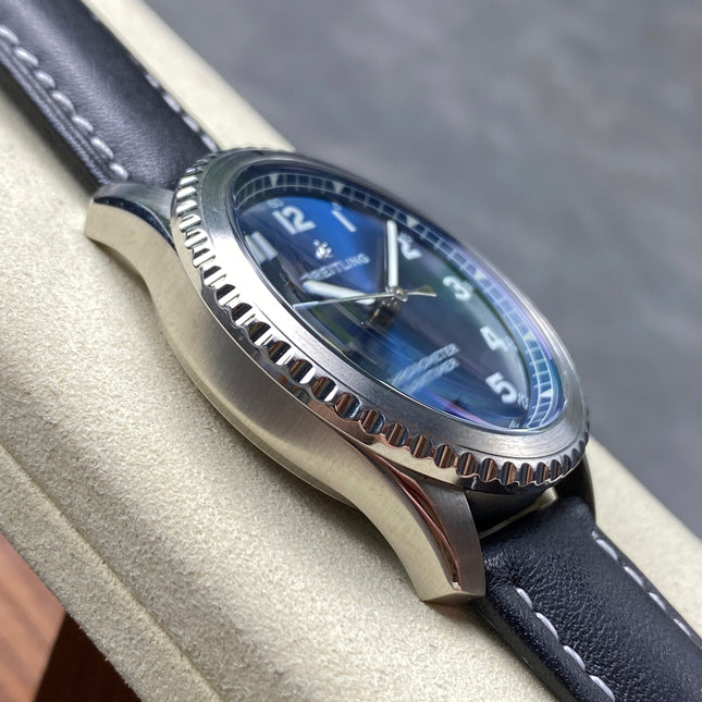 AVIATOR 8 AUTOMATIC STEEL CASE BLUE DIAL BLACK CALFSKIN STRAP