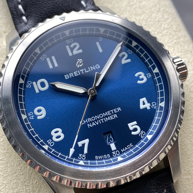 AVIATOR 8 AUTOMATIC STEEL CASE BLUE DIAL BLACK CALFSKIN STRAP