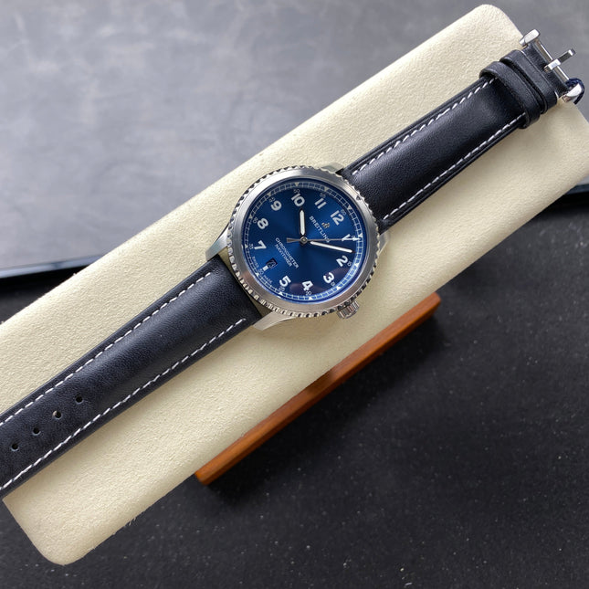 AVIATOR 8 AUTOMATIC STEEL CASE BLUE DIAL BLACK CALFSKIN STRAP