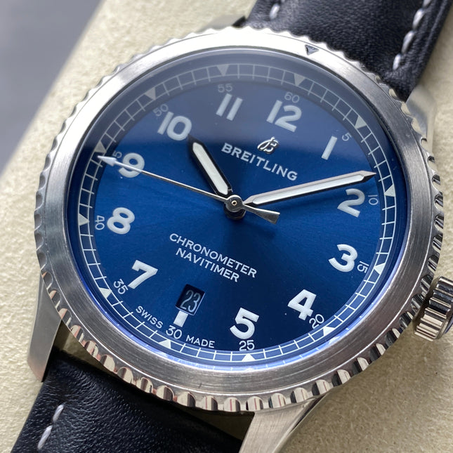 AVIATOR 8 AUTOMATIC STEEL CASE BLUE DIAL BLACK CALFSKIN STRAP