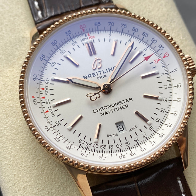 NAVITIMER AUTOMATIC 41 RED GOLD CASE BROWN ALLIGATOR LEATHER STRAP