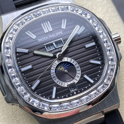 NAUTILUS STEEL ATTACHED DIAMOND BEZEL BLACK RUBBER STRAP