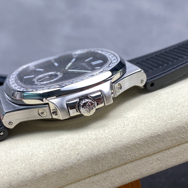 NAUTILUS STEEL ATTACHED DIAMOND BEZEL BLACK RUBBER STRAP
