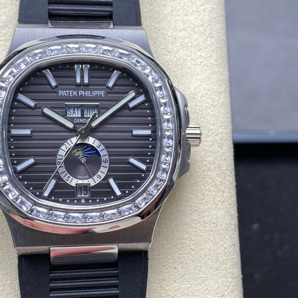 NAUTILUS STEEL ATTACHED DIAMOND BEZEL BLACK RUBBER STRAP