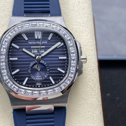 NAUTILUS STEEL ATTACHED DIAMOND BEZEL BLUE RUBBER STRAP