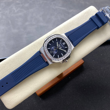 NAUTILUS STEEL ATTACHED DIAMOND BEZEL BLUE RUBBER STRAP