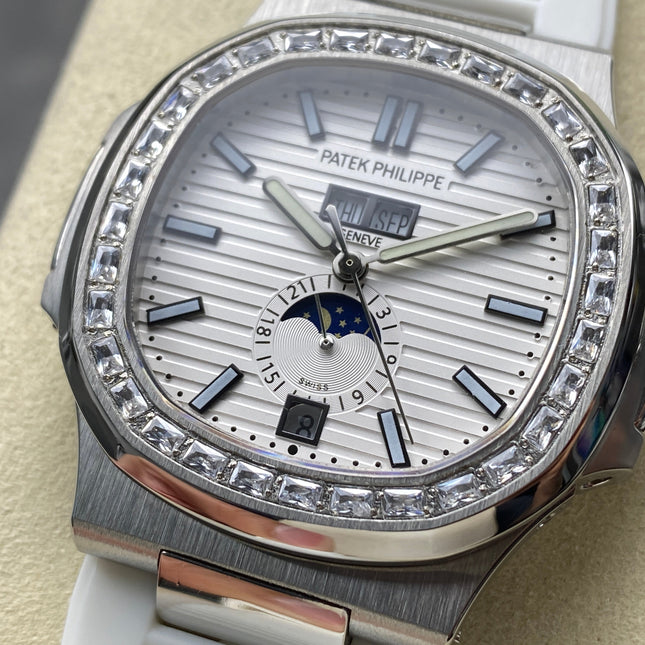 NAUTILUS STEEL ATTACHED DIAMOND BEZEL WHITE RUBBER STRAP
